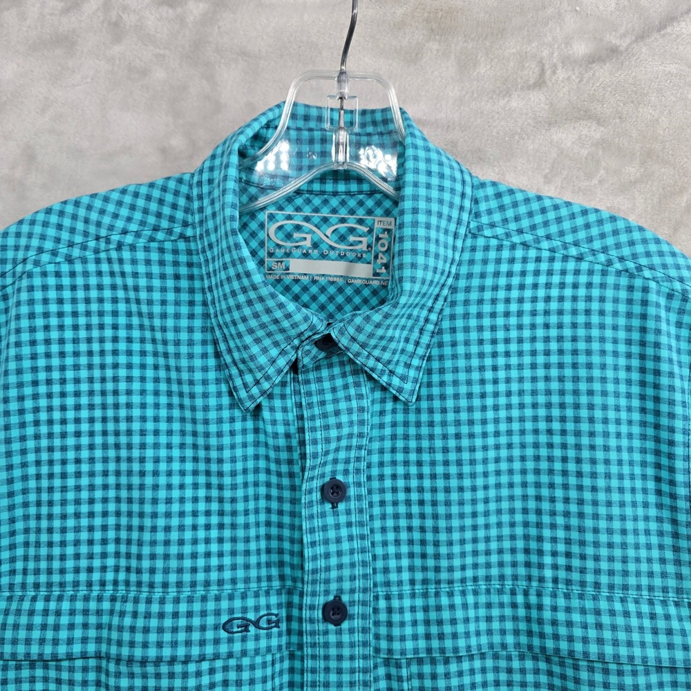 Game Guard Size Small Short Sleeve Gingham Button‎ Up Shirt Teal Blue